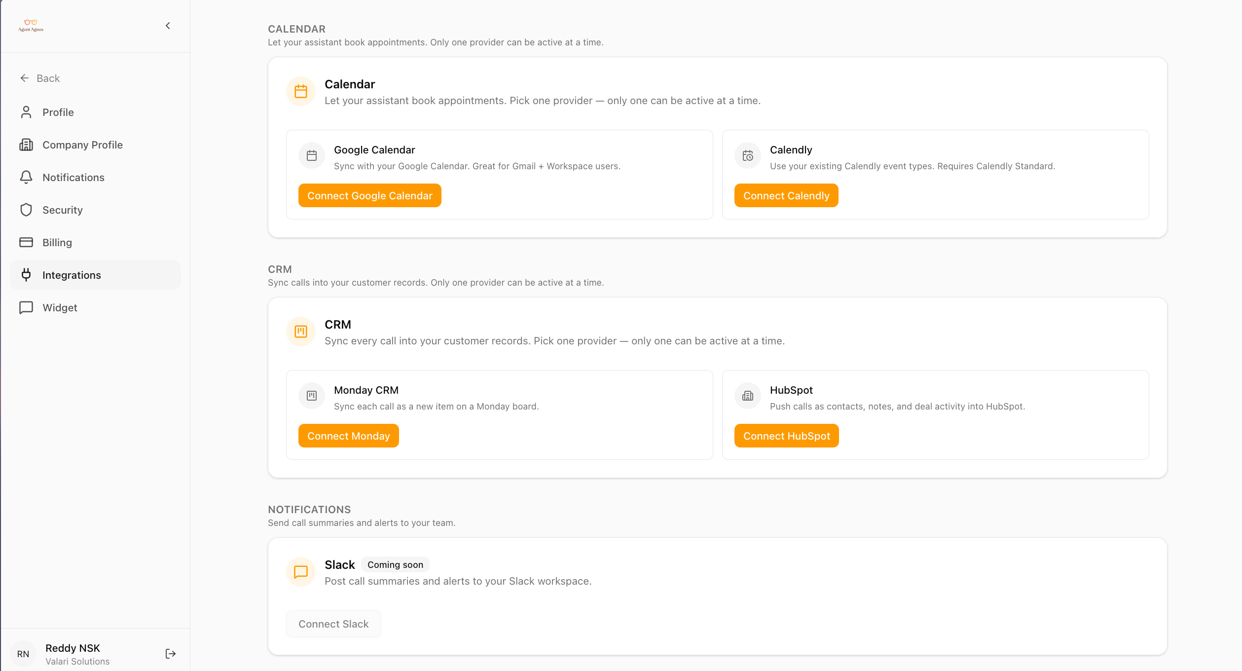 go to https://app.agentagnes.ai/settings/integrations and click on HubSpot in CRM section